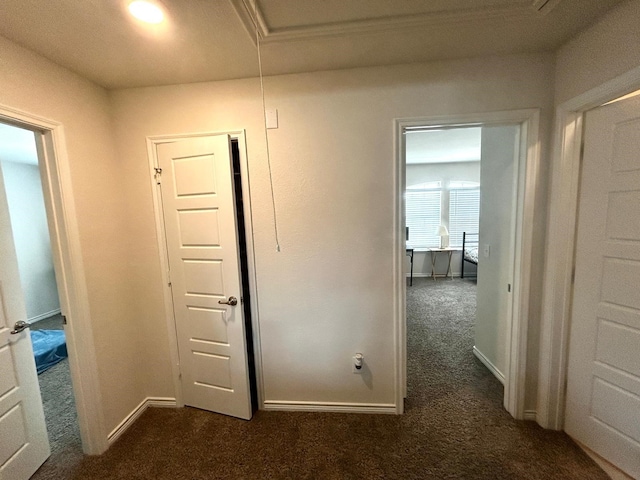 7425 Bledington Ln, Mckinney, TX 75071 - corridor featuring dark colored carpet, attic access, and baseboards