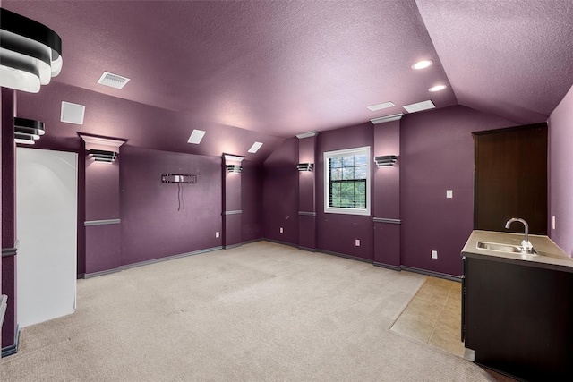 5541 Wisdom Ct, Waco, TX 76708 - cinema with vaulted ceiling, a sink, a textured ceiling, and light colored carpet