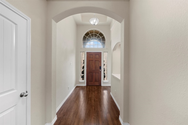 5541 Wisdom Ct, Waco, TX 76708 - entryway featuring dark wood-style flooring, baseboards, and arched walkways