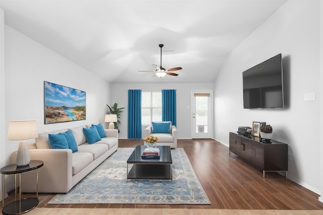 3432 Beatriz Dr, Denton, TX 76207 - living room featuring wood finished floors, vaulted ceiling, ceiling fan, and baseboards