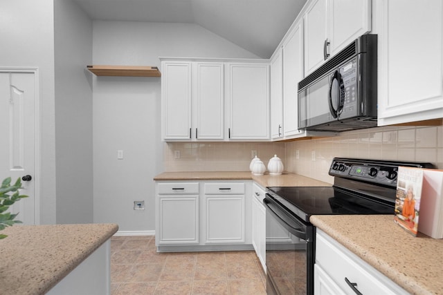 3432 Beatriz Dr, Denton, TX 76207 - kitchen with black appliances, vaulted ceiling, tasteful backsplash, and white cabinetry