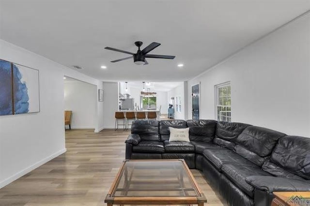 228 Stuart Dr, Karnack, TX 75661 - living room featuring ceiling fan, light wood-style floors, and recessed lighting