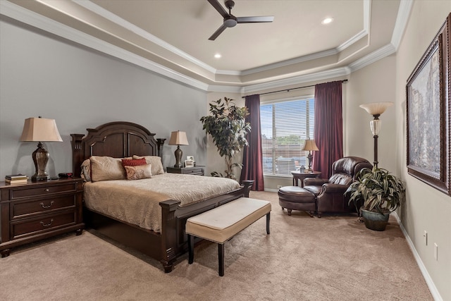 5581 Travis Dr, Frisco, TX 75034 - bedroom with ornamental molding, light carpet, a raised ceiling, baseboards, and a ceiling fan