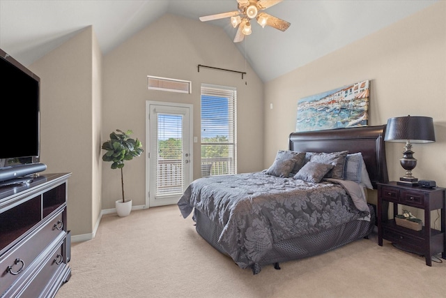 5581 Travis Dr, Frisco, TX 75034 - bedroom featuring access to outside, light carpet, lofted ceiling, a ceiling fan, and baseboards