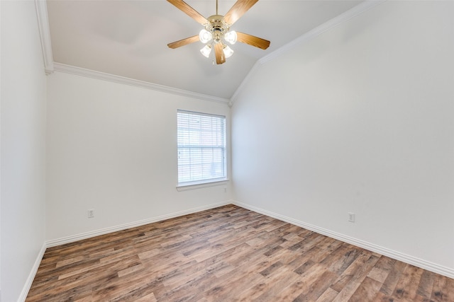 7002 Westover Dr, Rowlett, TX 75089 - empty room with vaulted ceiling, crown molding, wood finished floors, baseboards, and a ceiling fan