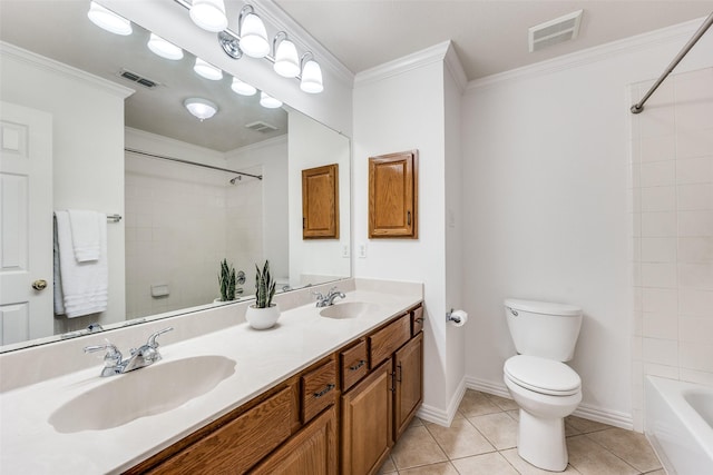 7002 Westover Dr, Rowlett, TX 75089 - full bathroom featuring toilet, ornamental molding, tile patterned flooring, shower / washtub combination, and double vanity