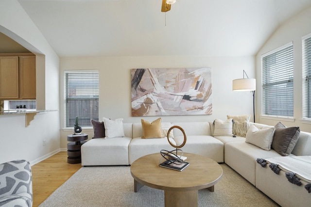 4525 Crooked Ridge Dr, The Colony, TX 75056 - living area with light wood-type flooring, plenty of natural light, vaulted ceiling, ceiling fan, and baseboards