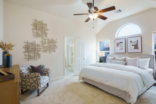 4525 Crooked Ridge Dr, The Colony, TX 75056 - bedroom with light carpet, vaulted ceiling, baseboards, and a ceiling fan