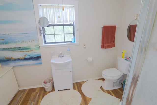 813 Sam Bass Rd, Mcgregor, TX 76657 - bathroom featuring wood finished floors, toilet, vanity, baseboards, and view of water and beach