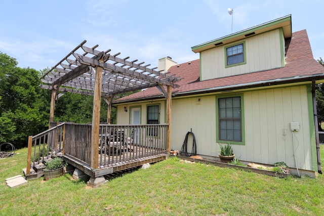 813 Sam Bass Rd, Mcgregor, TX 76657 - back of property featuring roof with shingles, a pergola, a deck, and a yard