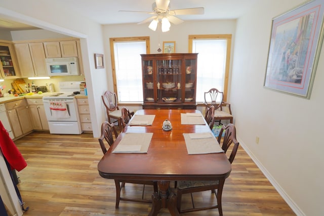 813 Sam Bass Rd, Mcgregor, TX 76657 - dining room featuring ceiling fan, light wood-style floors, and baseboards