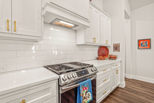 14344 Walsh Ave, Fort Worth, TX 76008 - kitchen with stainless steel gas range, baseboards, tasteful backsplash, white cabinetry, and light countertops