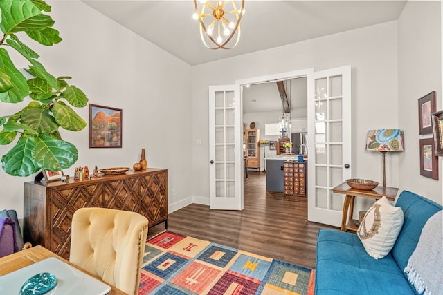 14344 Walsh Ave, Fort Worth, TX 76008 - office area with french doors, a chandelier, dark wood-style flooring, and baseboards