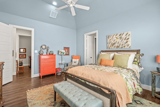 14344 Walsh Ave, Fort Worth, TX 76008 - bedroom with baseboards, wood finished floors, ceiling fan, and high vaulted ceiling