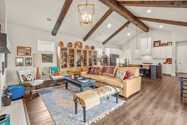 14344 Walsh Ave, Fort Worth, TX 76008 - living area featuring a chandelier, light wood finished floors, beam ceiling, high vaulted ceiling, and recessed lighting