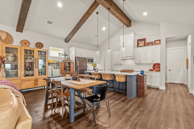 14344 Walsh Ave, Fort Worth, TX 76008 - dining room with dark wood-style flooring, beamed ceiling, high vaulted ceiling, and recessed lighting