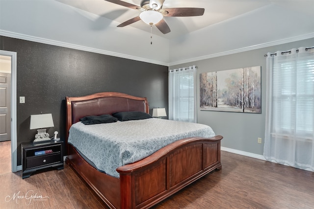 102 Pinehurst Pl, Benton, LA 71006 - bedroom with dark wood-style floors, baseboards, ceiling fan, and crown molding