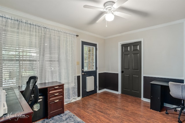 102 Pinehurst Pl, Benton, LA 71006 - office space with ornamental molding, a ceiling fan, a wainscoted wall, and dark wood-type flooring