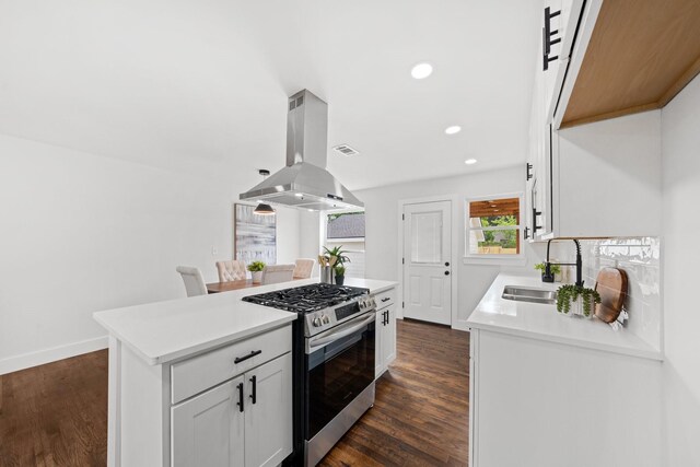 10430 Wood Dale Dr, Dallas, TX 75228 - kitchen featuring stainless steel gas range, island range hood, a sink, dark wood finished floors, and light countertops