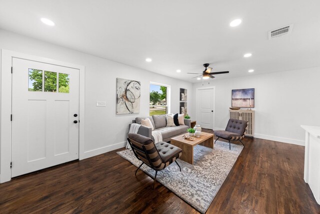 10430 Wood Dale Dr, Dallas, TX 75228 - living room with healthy amount of natural light, baseboards, dark wood finished floors, recessed lighting, and ceiling fan