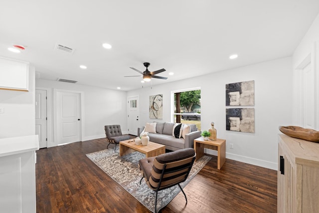 10430 Wood Dale Dr, Dallas, TX 75228 - living area featuring dark wood finished floors, a ceiling fan, recessed lighting, and baseboards
