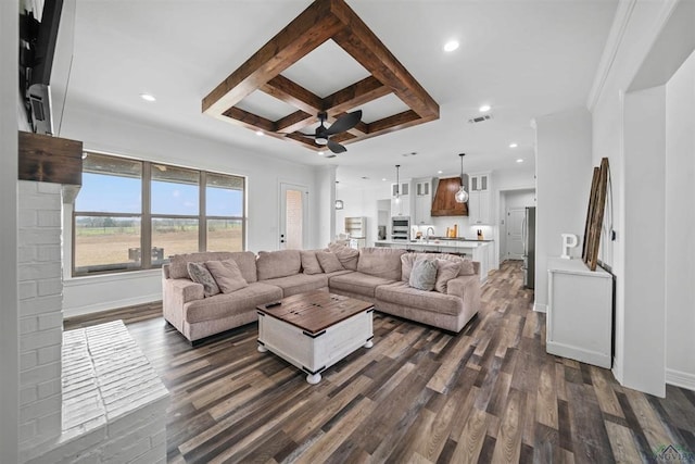 316 Heritage Way, Bullard, TX 75757 - living area featuring ceiling fan, coffered ceiling, dark wood-type flooring, recessed lighting, and beamed ceiling