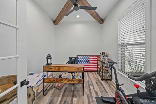 316 Heritage Way, Bullard, TX 75757 - home office featuring beamed ceiling, a ceiling fan, wood finished floors, and recessed lighting