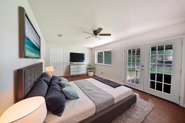 8820 Easley St, White Settlement, TX 76108 - bedroom with access to exterior, french doors, wood finished floors, and a ceiling fan
