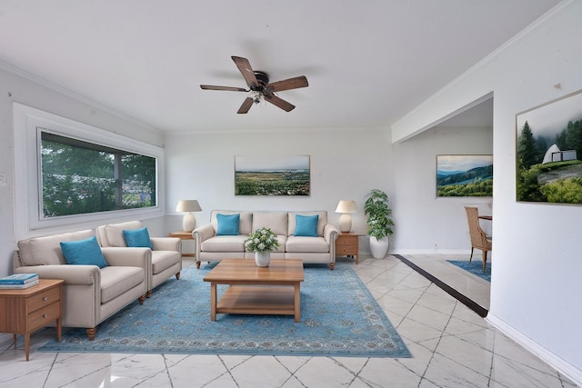 8820 Easley St, White Settlement, TX 76108 - living room with ornamental molding, ceiling fan, and light marble finish flooring