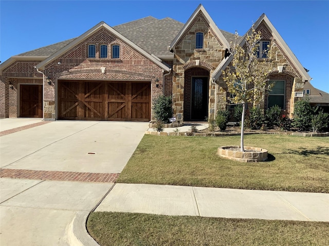 2617 Turning Leaf Ln, Midlothian, TX 76065 - french country home with an attached garage, driveway, brick siding, and stone siding