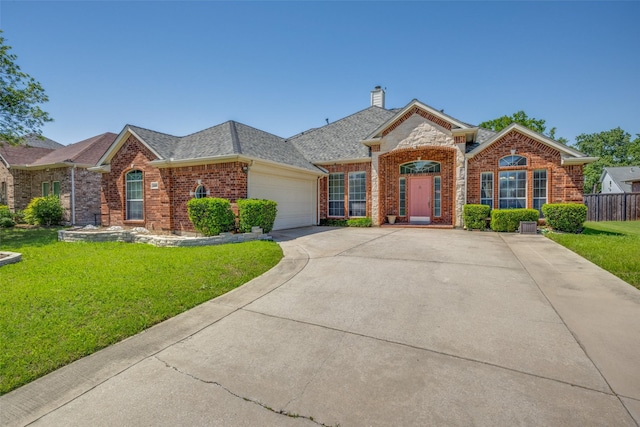 view of front of home with brick siding, an attached garage, a chimney, driveway, and a shingled roof