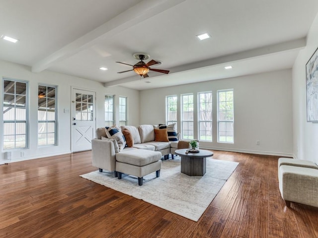 827 Sherbrook Dr, Richardson, TX 75080 - living area with beamed ceiling, ceiling fan, dark wood-style floors, baseboards, and recessed lighting