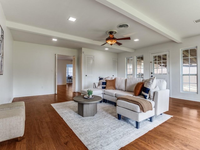 827 Sherbrook Dr, Richardson, TX 75080 - living room featuring beam ceiling, baseboards, a ceiling fan, wood finished floors, and recessed lighting