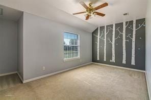 930 Lakeridge Dr, Lavon, TX 75166 - empty room featuring carpet flooring, baseboards, a ceiling fan, and vaulted ceiling