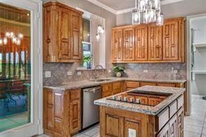 930 Lakeridge Dr, Lavon, TX 75166 - kitchen featuring stainless steel dishwasher, brown cabinets, light tile patterned floors, black electric stovetop, and crown molding