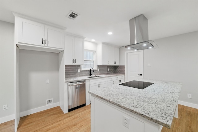 742 Chalk Hill Ln, Desoto, TX 75115 - kitchen featuring dishwasher, island exhaust hood, black electric cooktop, a kitchen island, and white cabinetry