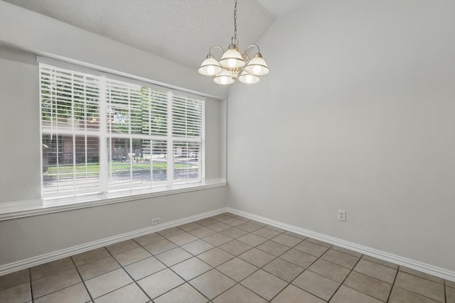 8100 Hosta Way, Fort Worth, TX 76123 - unfurnished dining area with a chandelier, vaulted ceiling, light tile patterned floors, and baseboards