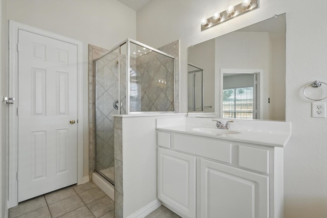 8100 Hosta Way, Fort Worth, TX 76123 - bathroom featuring a stall shower, vanity, and tile patterned flooring