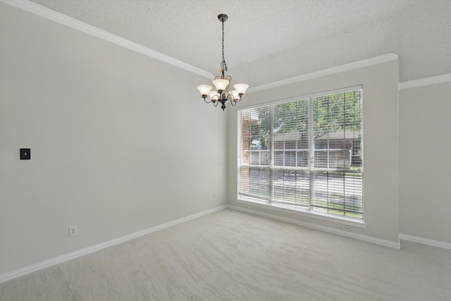 8100 Hosta Way, Fort Worth, TX 76123 - unfurnished room with a textured ceiling, a chandelier, carpet, ornamental molding, and baseboards