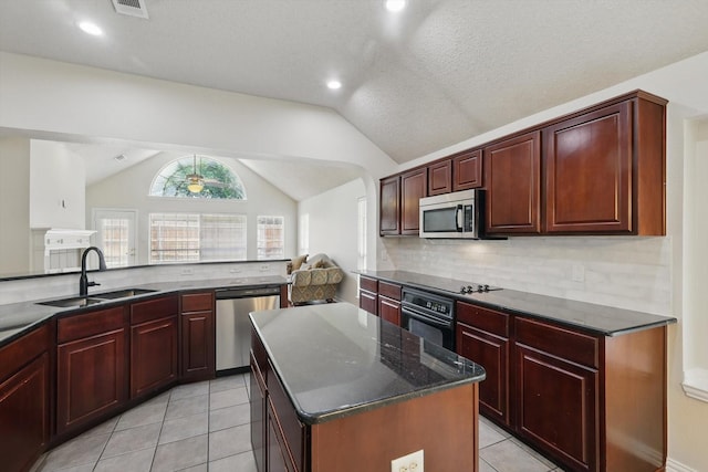 8100 Hosta Way, Fort Worth, TX 76123 - kitchen with black appliances, a sink, lofted ceiling, tasteful backsplash, and dark brown cabinets