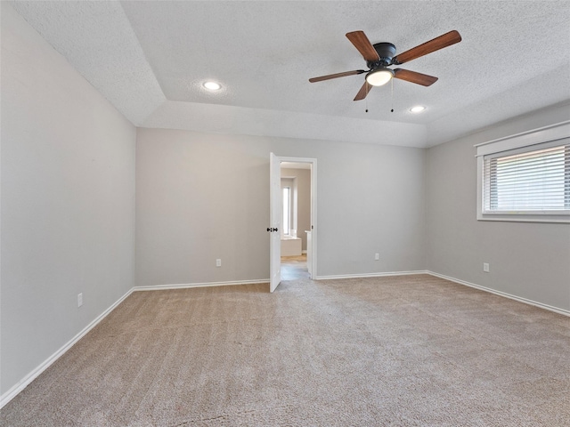 4509 Trowbridge Dr, Arlington, TX 76013 - empty room featuring a textured ceiling, a ceiling fan, light carpet, recessed lighting, and baseboards