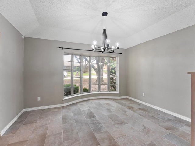 4509 Trowbridge Dr, Arlington, TX 76013 - spare room with a textured ceiling, a chandelier, light tile patterned floors, baseboards, and lofted ceiling