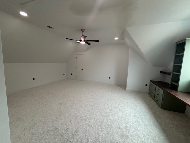 5073 Loper Cir, Streetman, TX 75859 - additional living space featuring lofted ceiling, light carpet, recessed lighting, baseboards, and a ceiling fan