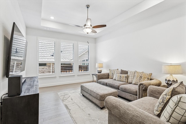 806 Placid Way, Argyle, TX 76226 - living area with a ceiling fan, a raised ceiling, wood finished floors, recessed lighting, and baseboards