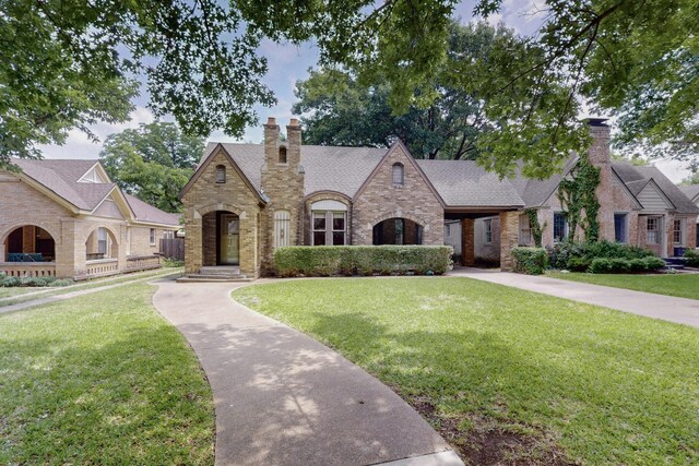 1022 N Edgefield Ave, Dallas, TX 75208 - view of front of house featuring brick siding, a chimney, and a front lawn