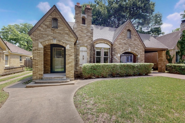 1022 N Edgefield Ave, Dallas, TX 75208 - view of front of house with brick siding, a chimney, a front lawn, and roof with shingles