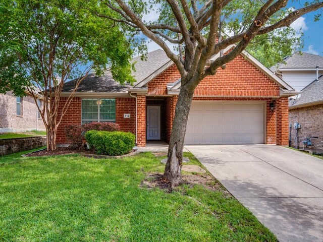 712 Hardwood Dr, Mckinney, TX 75069 - view of front of house featuring brick siding, an attached garage, concrete driveway, a front lawn, and a shingled roof