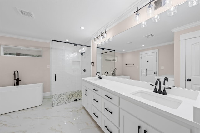 6701 Fish Pond Rd, Waco, TX 76710 - full bath featuring a stall shower, recessed lighting, a soaking tub, double vanity, and crown molding