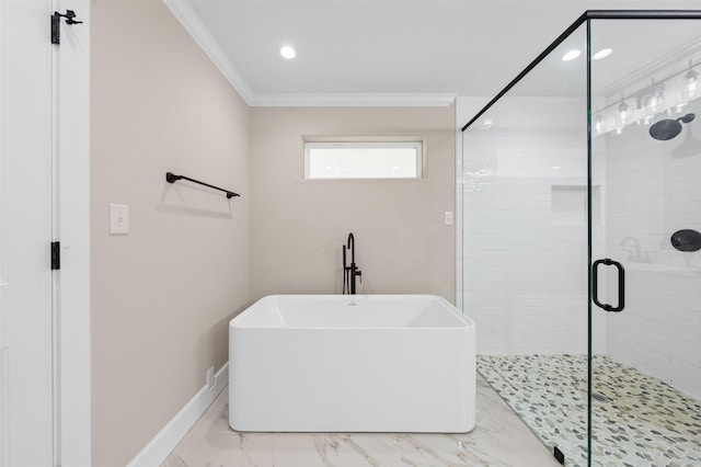 6701 Fish Pond Rd, Waco, TX 76710 - bathroom featuring crown molding, a stall shower, a soaking tub, baseboards, and marble finish floors