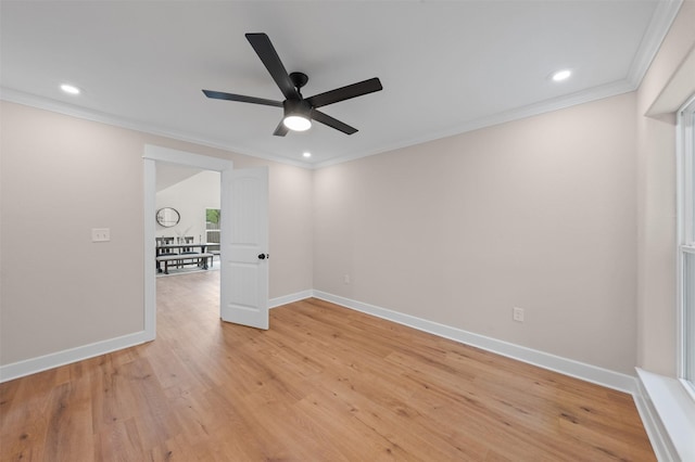 6701 Fish Pond Rd, Waco, TX 76710 - unfurnished room with ornamental molding, a ceiling fan, baseboards, light wood-style flooring, and recessed lighting